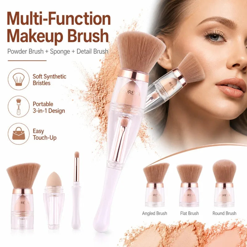 3-in-1 Makeup Brush | Powder, Sponge & Detail – Travel Kit Makeup Brush Set QXL