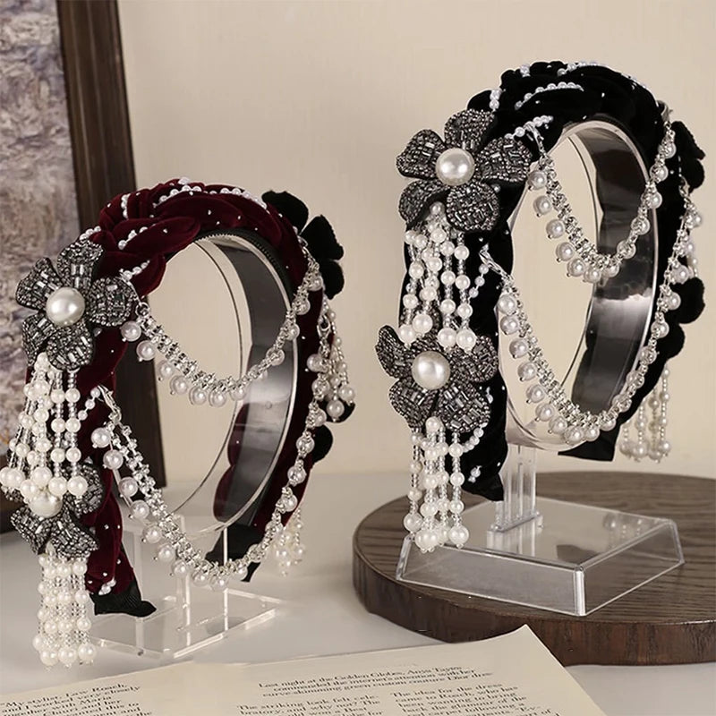Bridal Flower Pearl Tassel Headband | Wedding Hair Hoop Bridal Hair Headband QXL