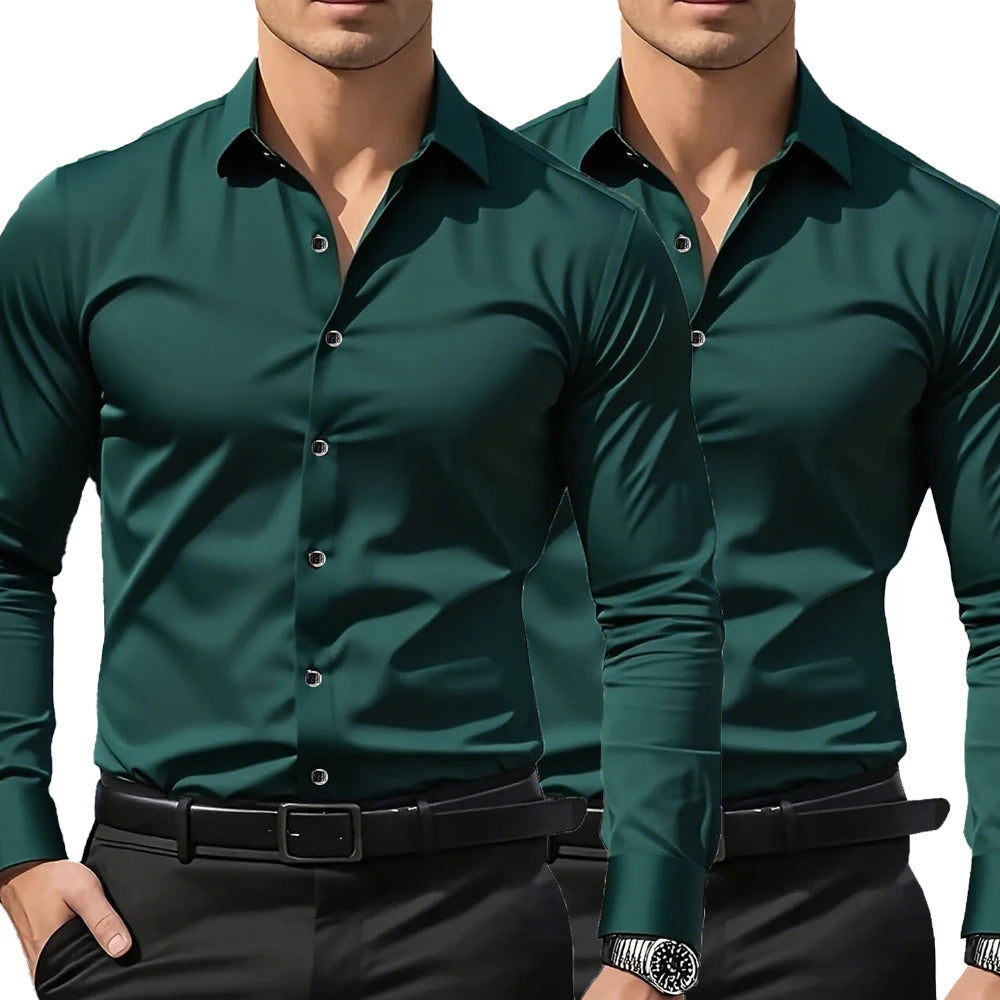 2-Pack Men's Slim Fit Long Sleeve Business Casual Shirts Business Casual Shirts QXL 2pcs Green S