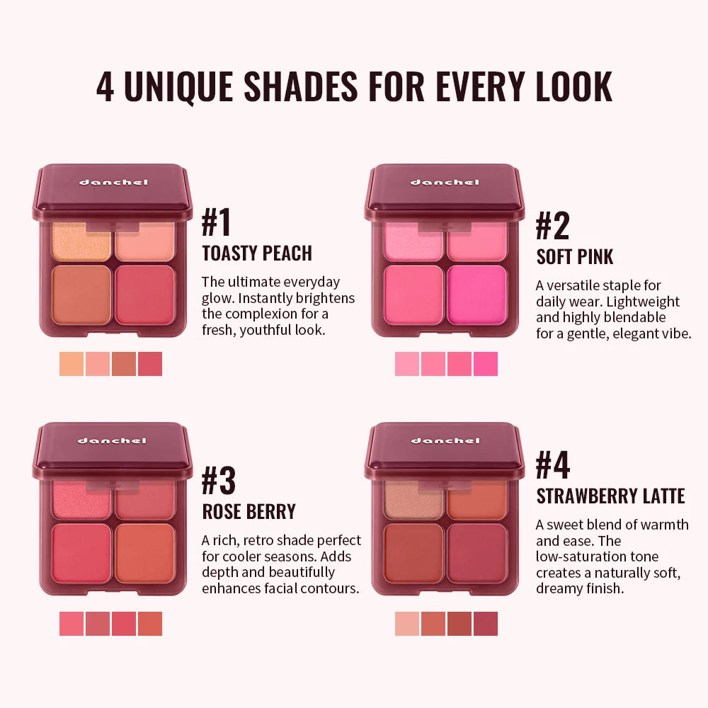 4-Shade Blush Palette Matte & Shimmer Soft Blur Finish Blush Palette QXL