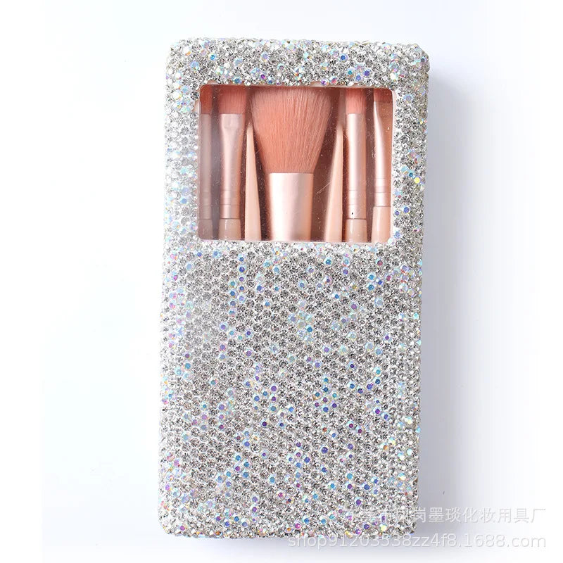 Diamond Mini Makeup Brush Travel Set with Mirror – 6 Pcs Makeup Brush Set QXL white