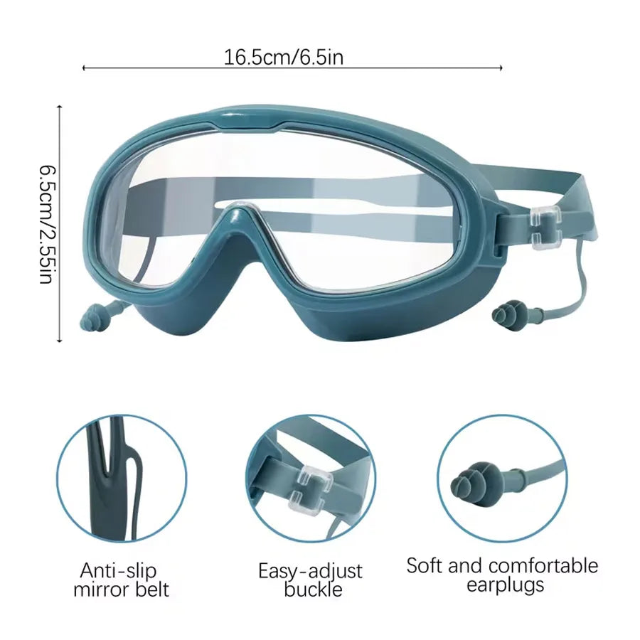 Adult Wide-Vision Swim Goggles with Earplugs | Anti-Fog