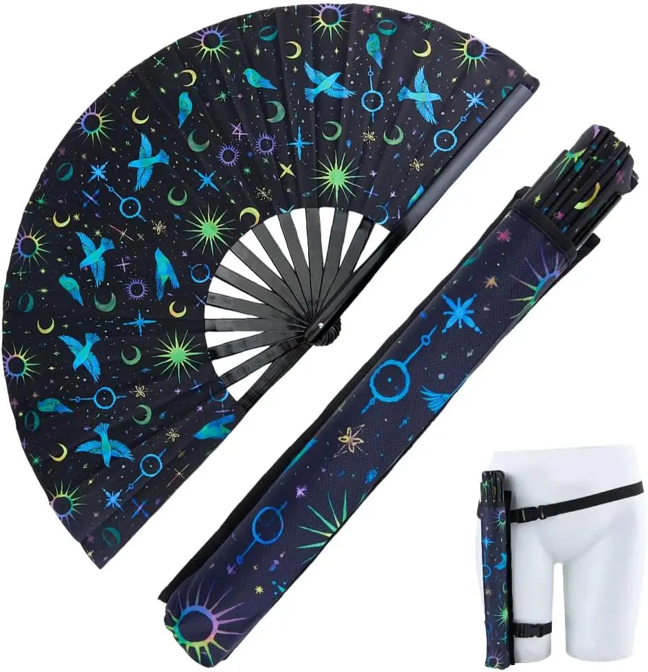 12.99" UV Glow Bamboo Folding Fan with Bag & Belt | Rave Dance Decorative Folding Fan QXL AECH04-16487