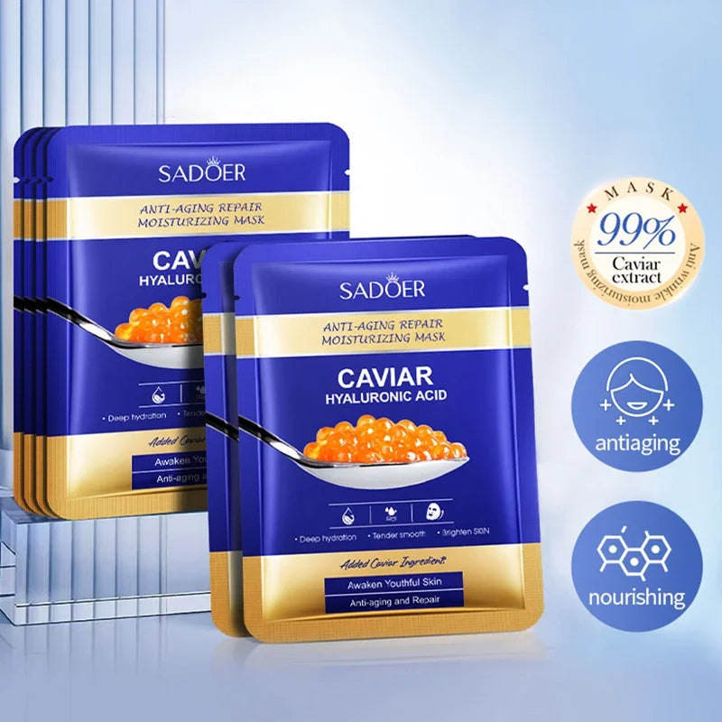 SADOER Caviar Hyaluronic Acid Face Masks 5-Pack | Brightening Hydrating Sheet Mask QXL