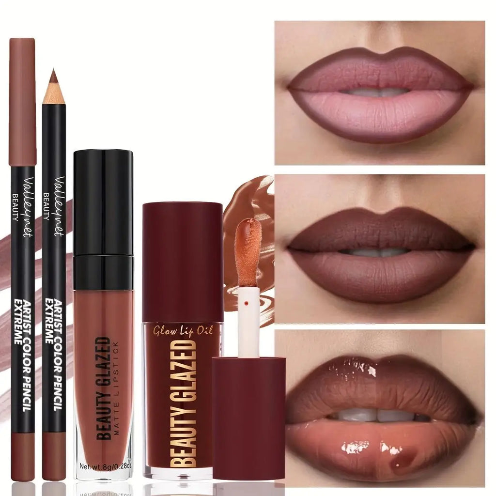 Beauty Glazed 3-Pc Lip Set: Matte Liner, Lip Glaze & Lip Oil Lip Makeup Set QXL