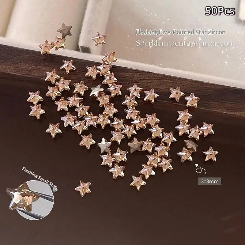 50-Pc Star Zircon Nail Charms | 3D Rhinestone Rivet Set Nail Art Charms QXL Champagne