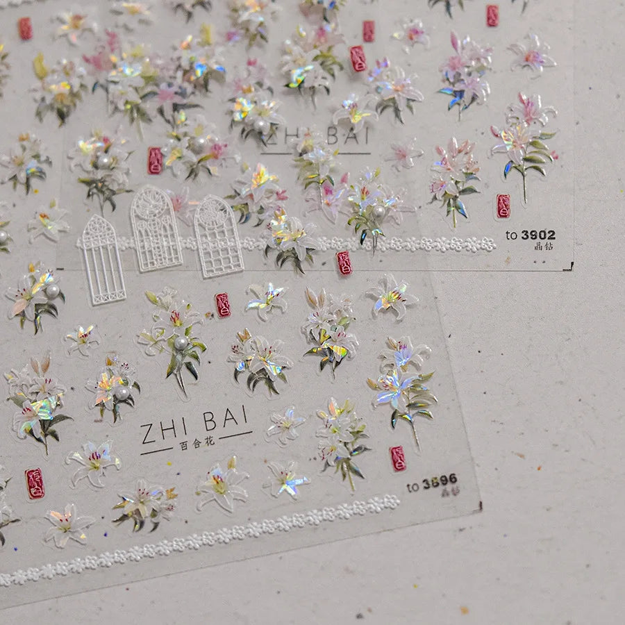 5D Kawaii Lily Nail Stickers | Japanese Flower Diamond Decals Nail Art Stickers QXL
