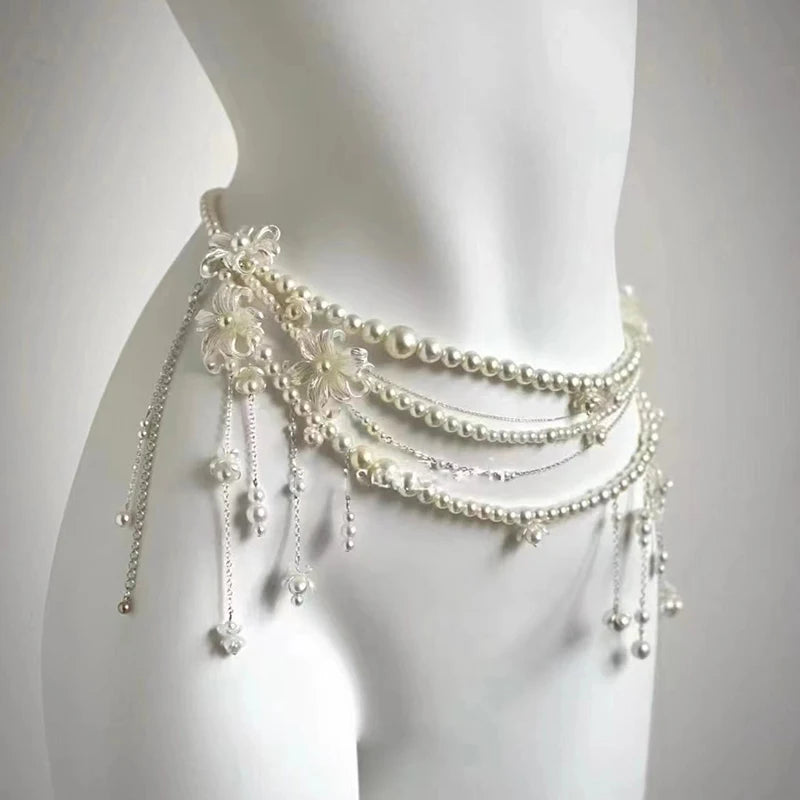 Multi-Layer Pearl Flower Tassel Waist Chain | Women's Body Chain Body Chain QXL