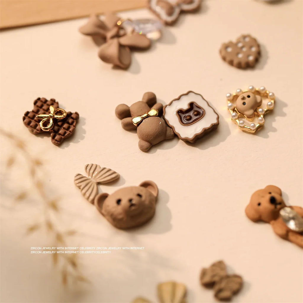 5-Pack 3D Kawaii Alloy Nail Charms – Bear Bow Flower Maillard Nail Art Charms QXL