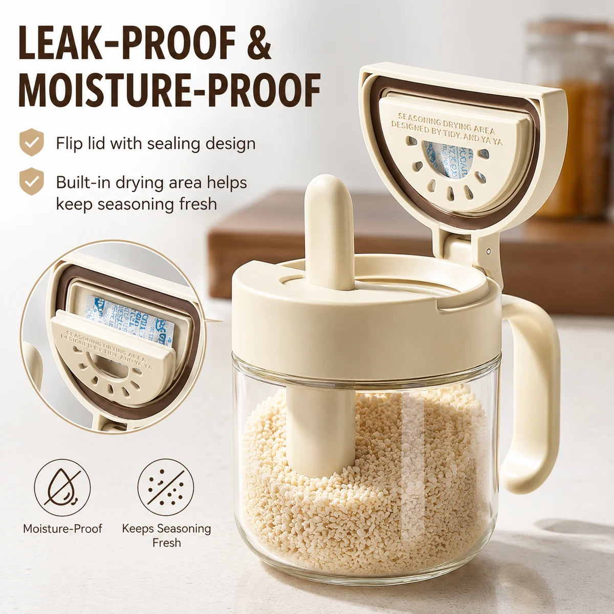 Glass Seasoning Jar with Telescopic Spoon – Moisture-Proof Seasoning Storage Jar QXL