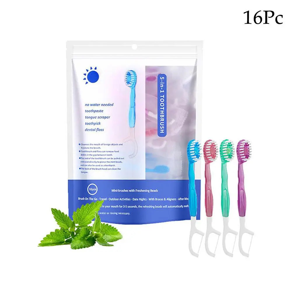 5-in-1 Disposable Travel Toothbrush | Mint Bead, Floss & Pick Disposable Travel Toothbrush QXL E