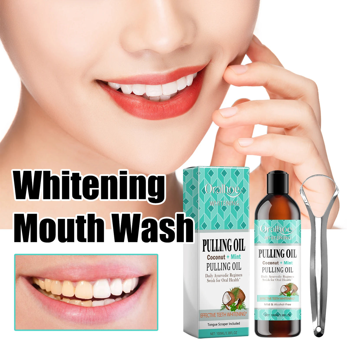 Coconut Mint Oil Pulling Mouthwash & Tongue Scraper Kit Oil Pulling Mouthwash QXL
