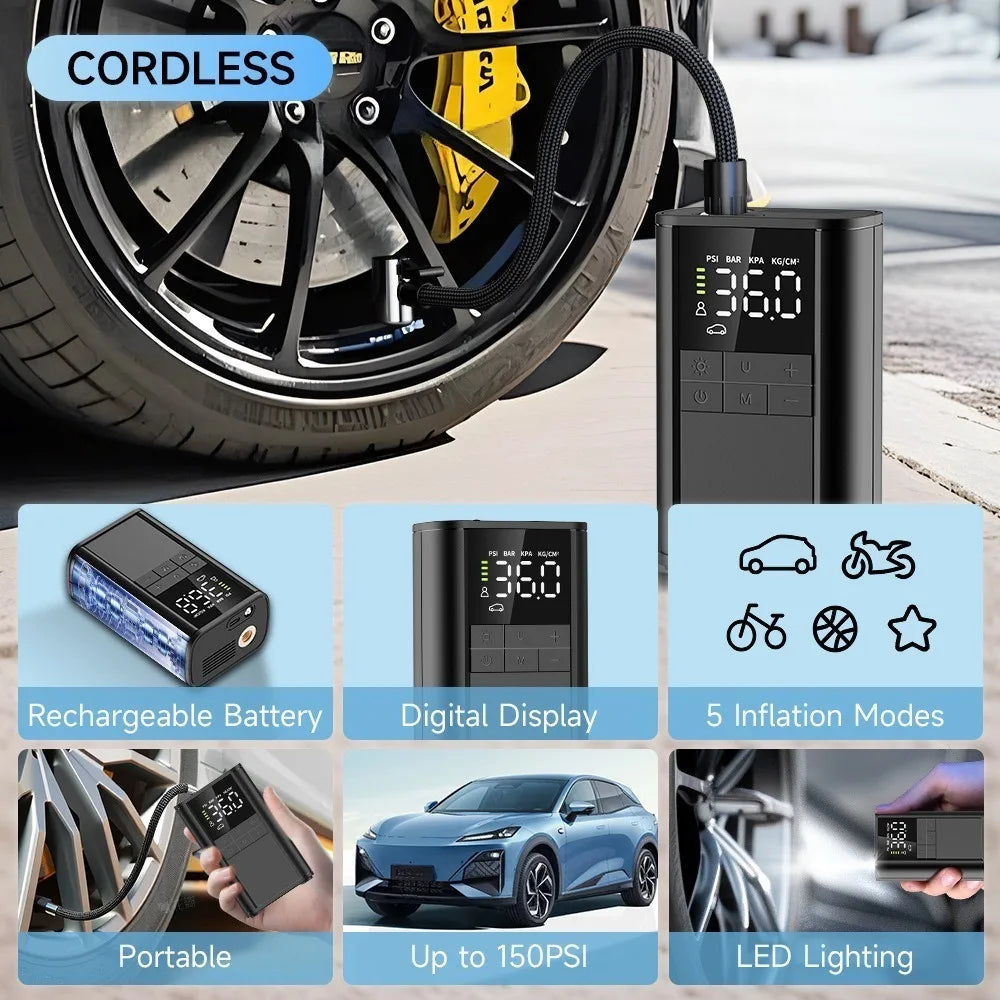 150PSI Cordless Tire Inflator | Digital Gauge & LED Light Portable Tire Inflator QXL