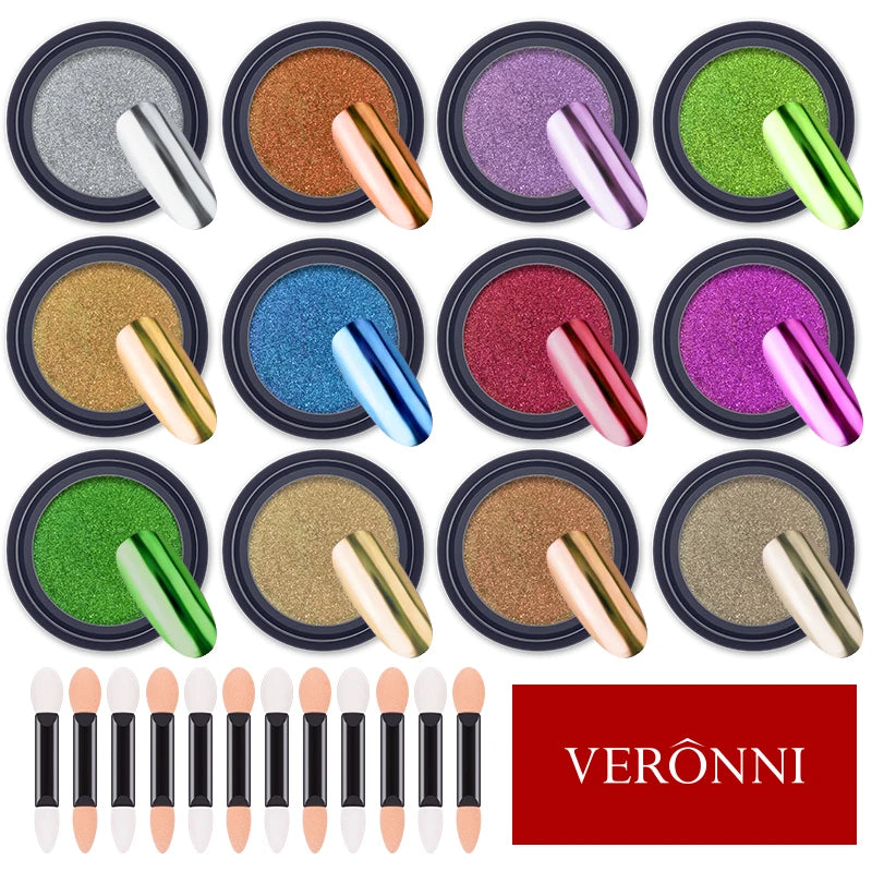 VERONNI 12-Color Chrome Nail Powder | Mirror Glitter Pigment Chrome Nail Powder QXL