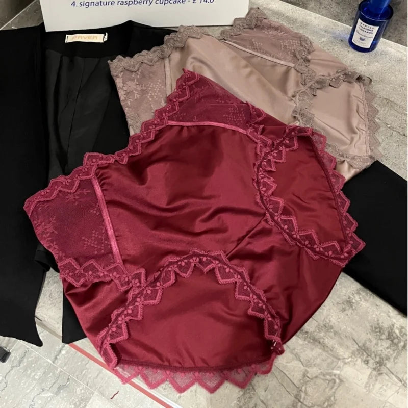 French Satin Lace High-Waist Briefs | Cotton Crotch Plus Size Women's Briefs QXL