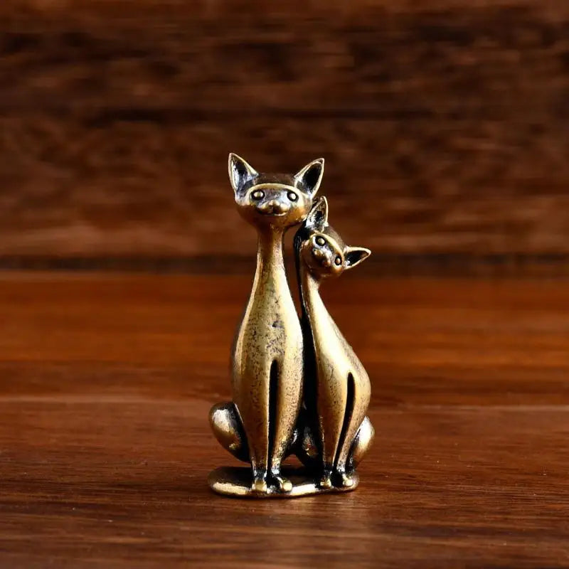 Brass Double Cat Sculpture Ornament | Desk & Home Decor Decorative Figurine QXL