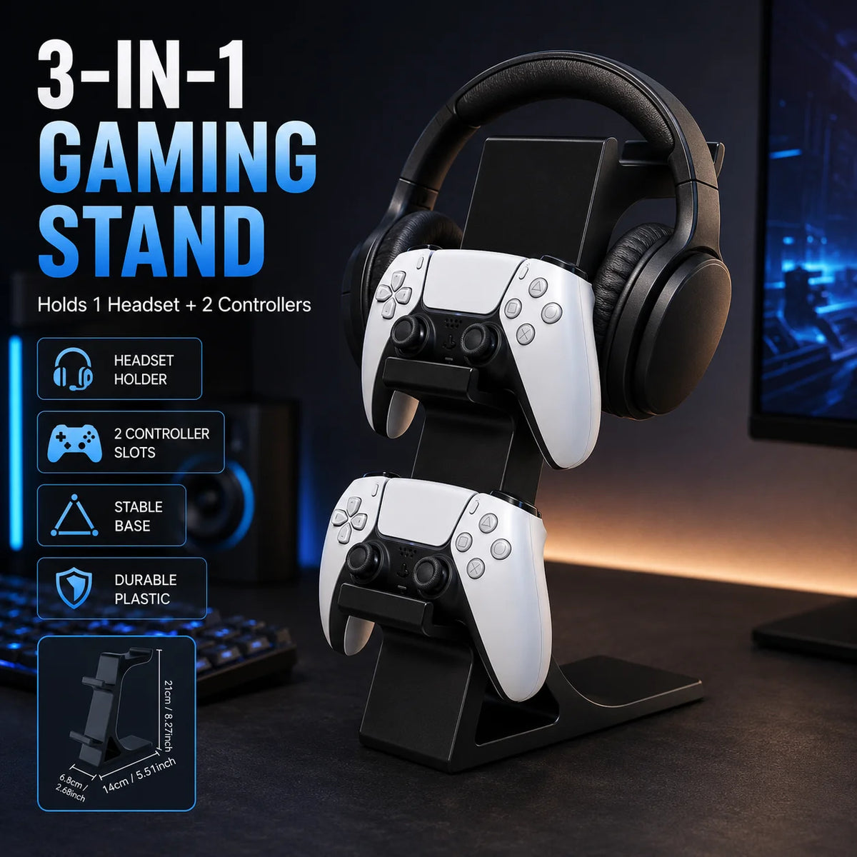 3-in-1 Game Controller Stand & Headphone Rack Organizer Gaming Desk Organizer QXL