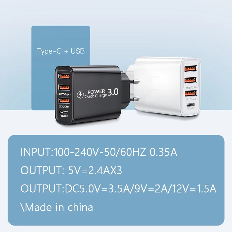 20W 4-Port USB-C PD Fast Charger Wall Adapter USB Wall Charger QXL