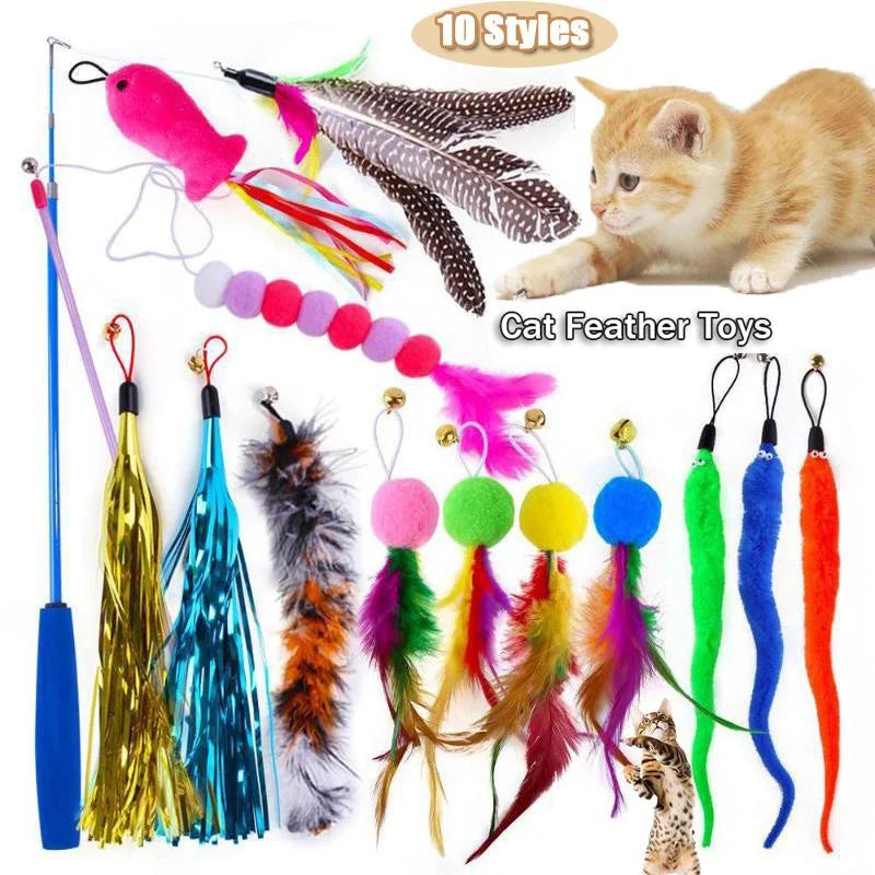 10-Style Cat Feather Wand Toy Set | Telescopic Fishing Rod Cat Feather Wand Toy QXL