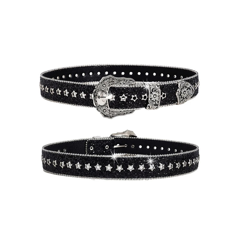 Women's Rhinestone Belt | Gothic Y2K Western Cowboy PU Leather Rhinestone Fashion Belt QXL