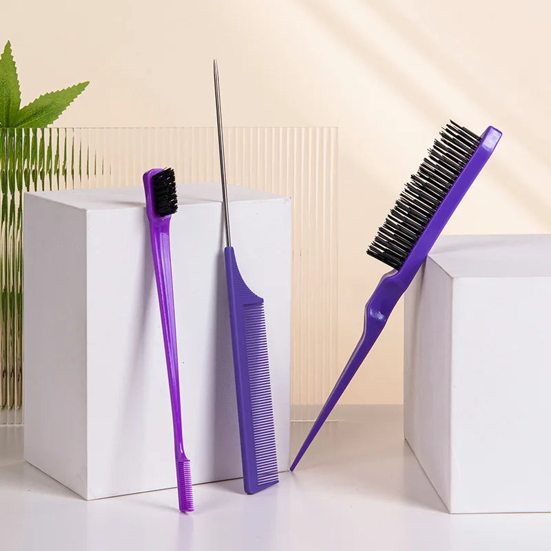 3-Piece Hair Braiding Kit | Rat Tail, Edge & Teasing Brush Set Hair Styling Tool Set QXL Purple (set of 3)