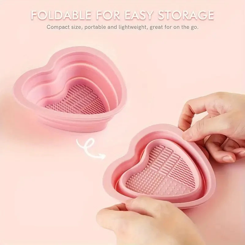 Heart-Shaped Silicone Makeup Brush Cleaner + Pink Sponge Brush Cleaner QXL