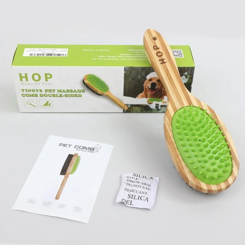 Double-Sided Pet Brush | Bamboo & Silicone Grooming Comb Pet Grooming Brush QXL Green brush