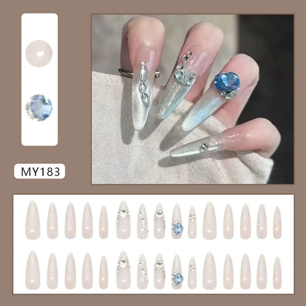 30-Pc Almond Stiletto Press-On Nails | Cat Eye Rhinestone Press-On Nail Tips QXL