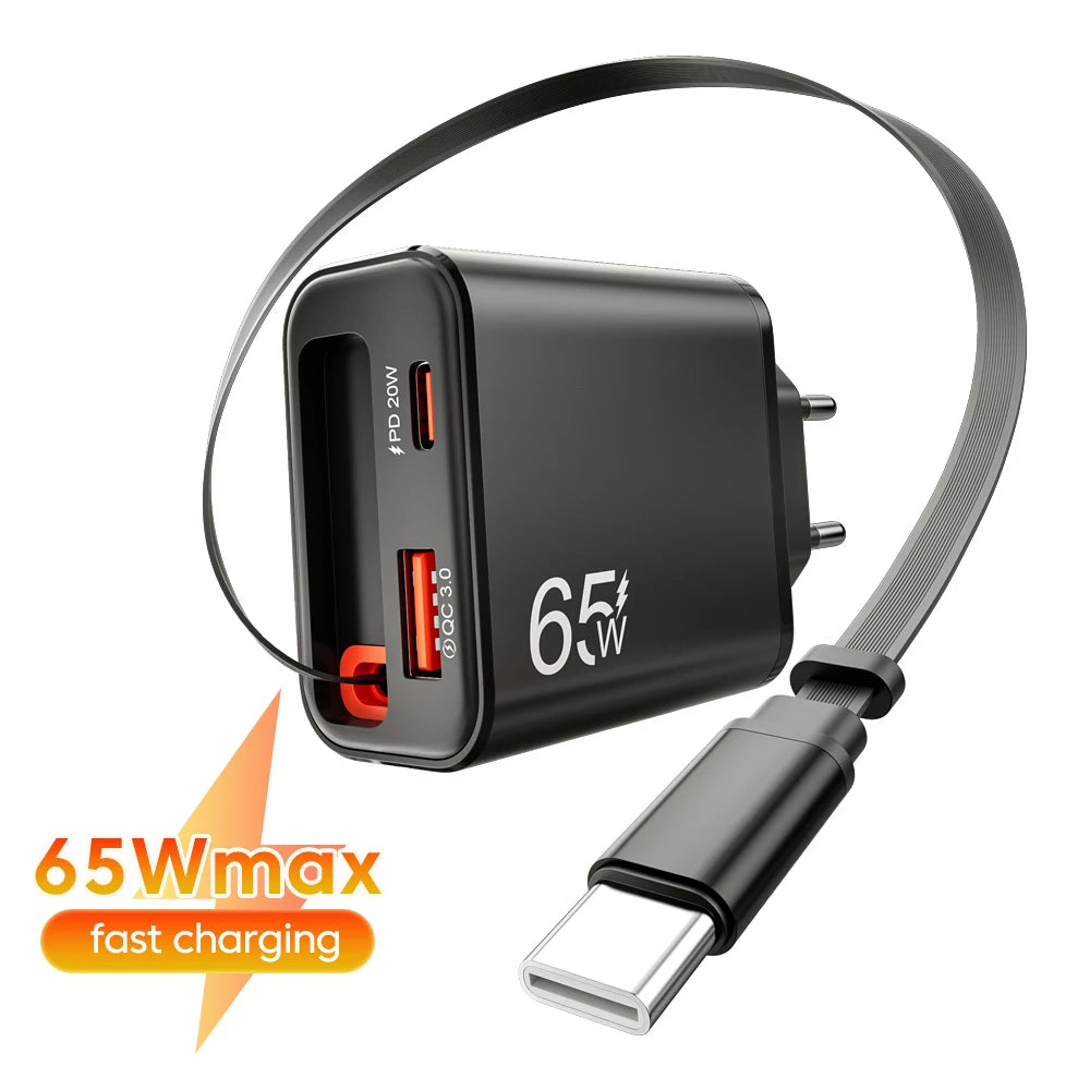 65W USB Fast Charger with Retractable Type-C Cable | PD 20W USB Wall Charger QXL
