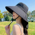 Wide Brim Sun Hat with Neck Flap & Ponytail | UV Protection Wide Brim Sun Hat QXL Black one size