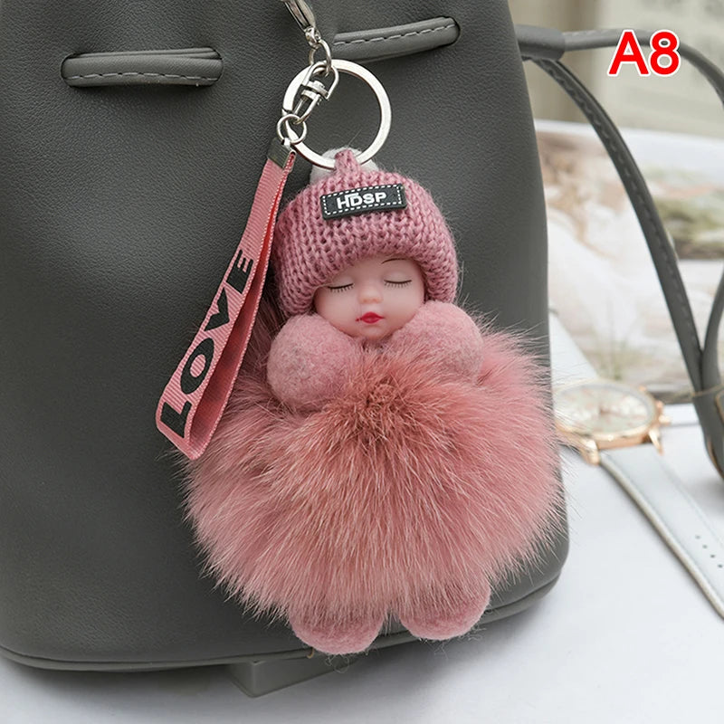 Pompom Sleeping Baby Plush Doll Keychain & Bag Charm | Cute Gift Plush Keychain Charm QXL A1