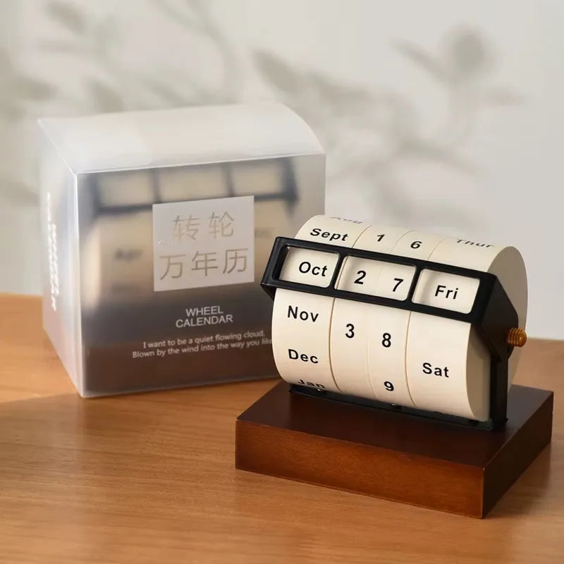 Wheel Perpetual Calendar | Manual Rotating Desk Calendar Wood Base Perpetual Desk Calendar QXL