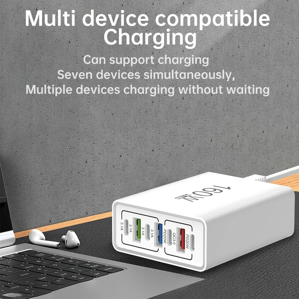 160W 7-Port USB-C Fast Charger | EU & US Wall Adapter QC3.0 Multi-Port Wall Charger QXL