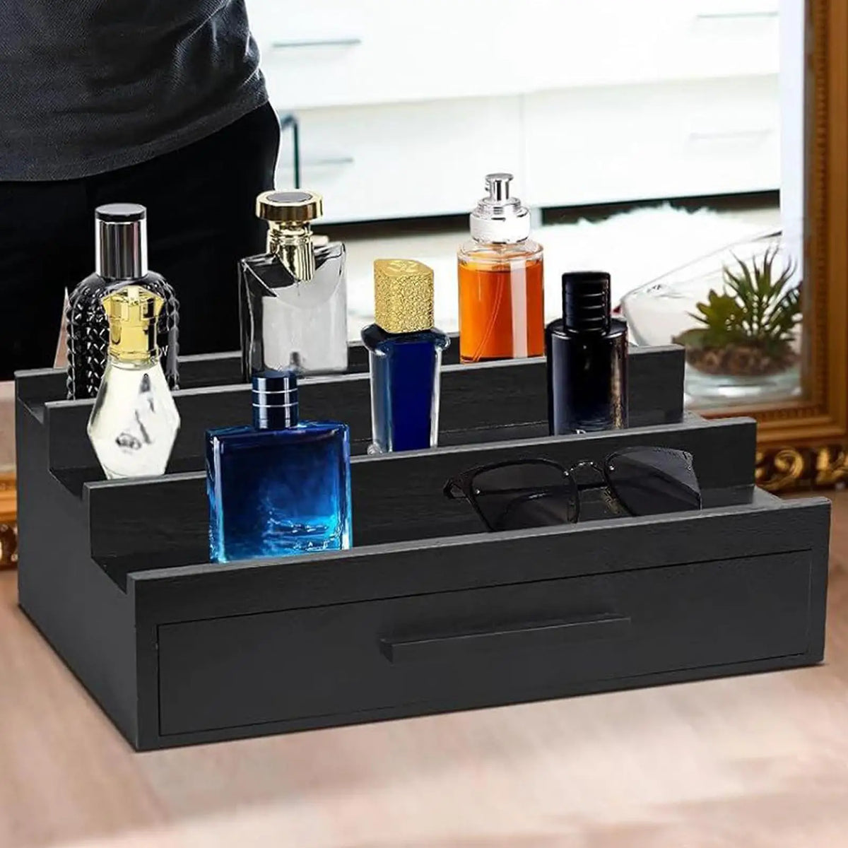 3-Tier Bamboo Perfume Organizer Rack with Drawer | Dresser Perfume Organizer Rack QXL