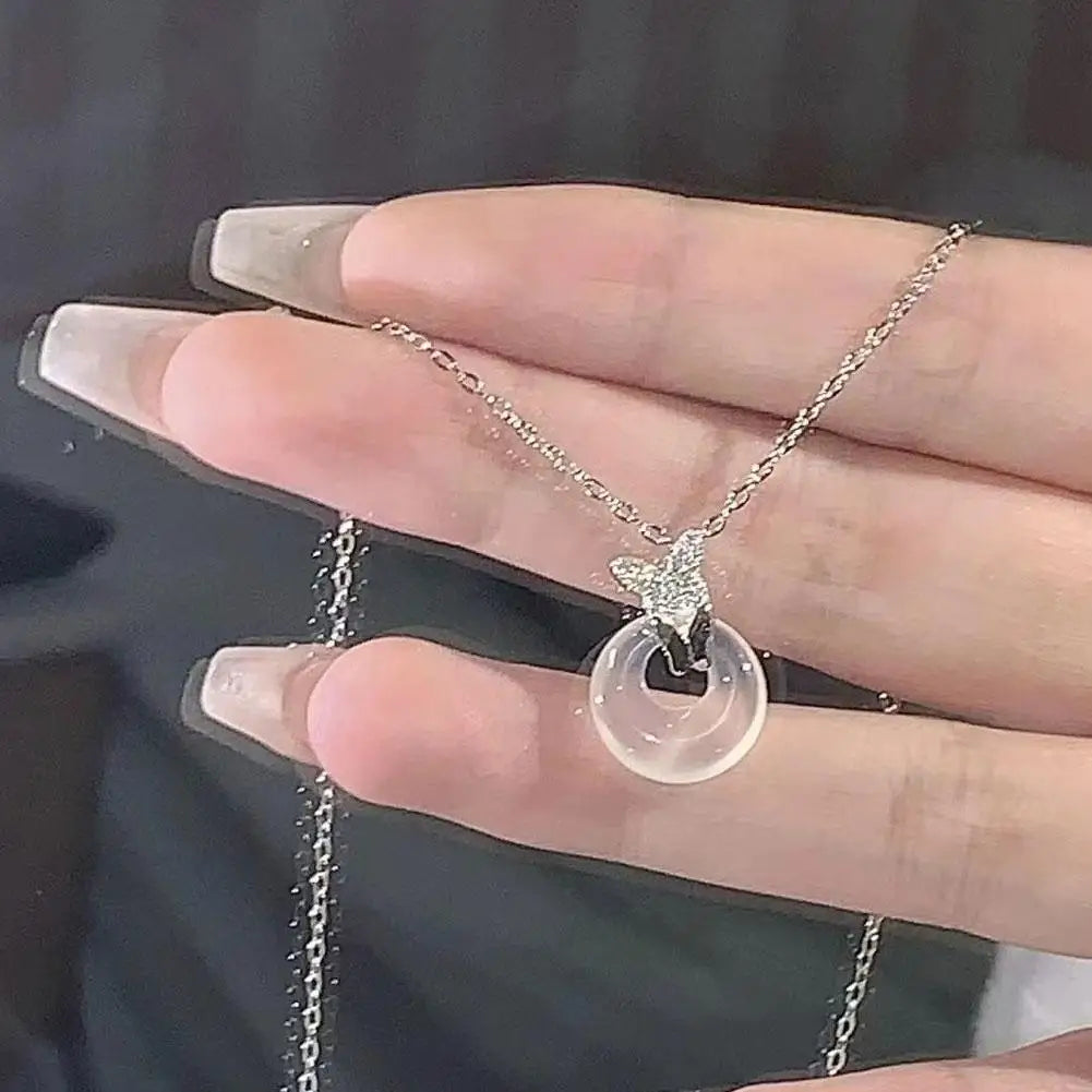 Butterfly Resin Circle Pendant Necklace | Women's Clavicle Pendant Necklace QXL