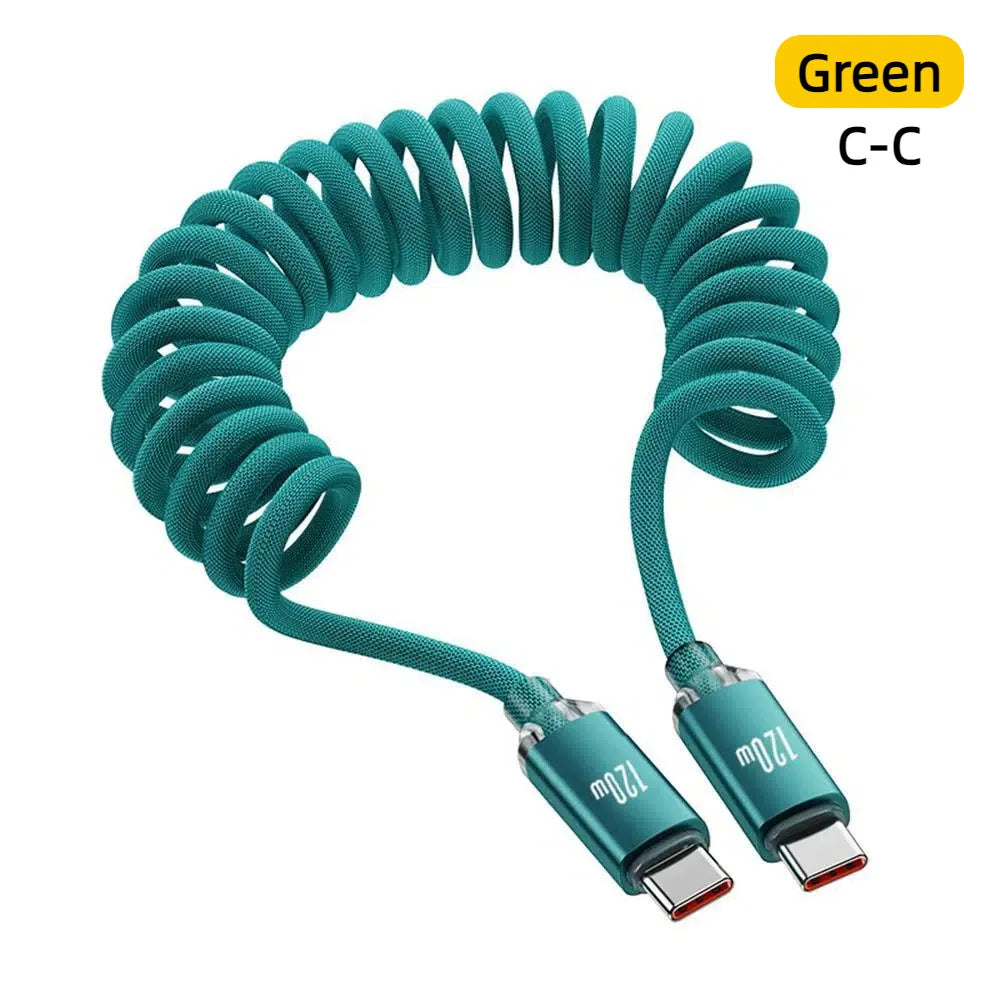 120W Retractable USB-C Spring Charging Cable | Fast Charge USB-C Charging Cable QXL C-C Green 1m