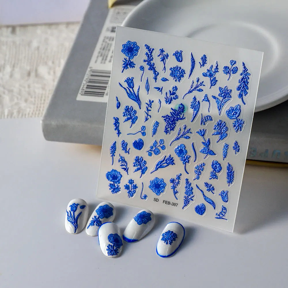 5D Flower Nail Art Stickers | Japanese Blue Purple Decals Nail Art Stickers QXL