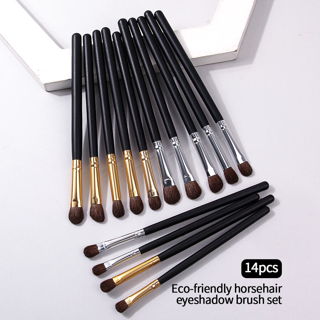 14-Piece Wooden Handle Eye Makeup Brush Set | Horse Hair Eye Makeup Brush Set QXL black