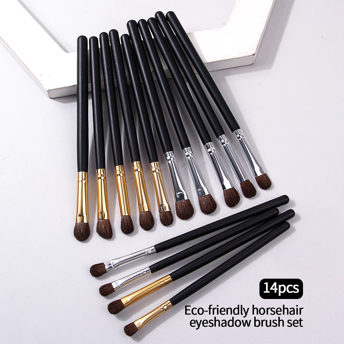 14-Piece Wooden Handle Eye Makeup Brush Set | Horse Hair Eye Makeup Brush Set QXL black