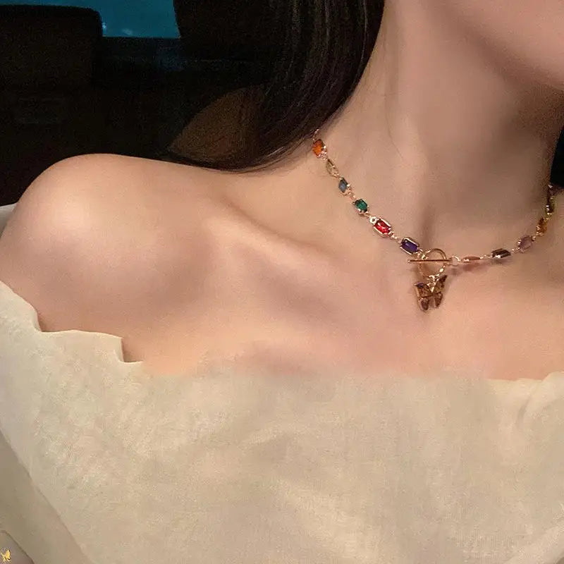 Retro Butterfly Rainbow Crystal Choker Necklace | Boho Pendant Crystal Pendant Necklace QXL