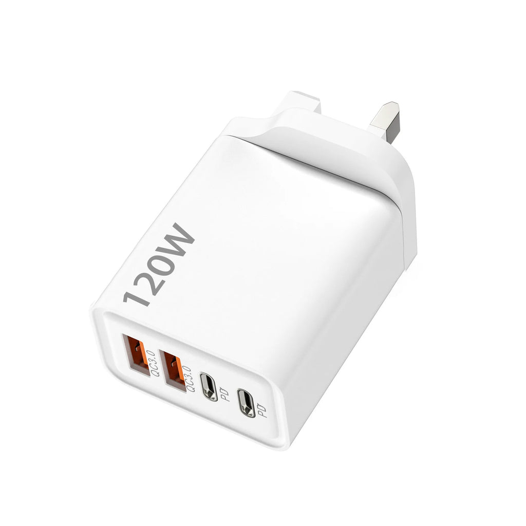 120W 4-Port USB-C Fast Charger + Cable | Samsung iPhone Xiaomi USB-C Wall Charger QXL White UK Plug
