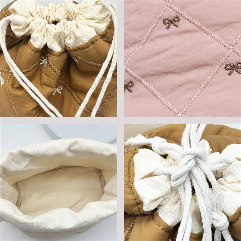 Quilted Drawstring Makeup Bag | Bow Embroidery Cosmetic Organizer Cosmetic Drawstring Bag QXL