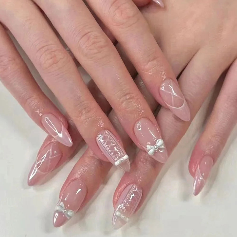 24-Pack Pink Almond Stiletto Fake Nails | Pearl Bow Press-Ons Press-On Nail Set QXL