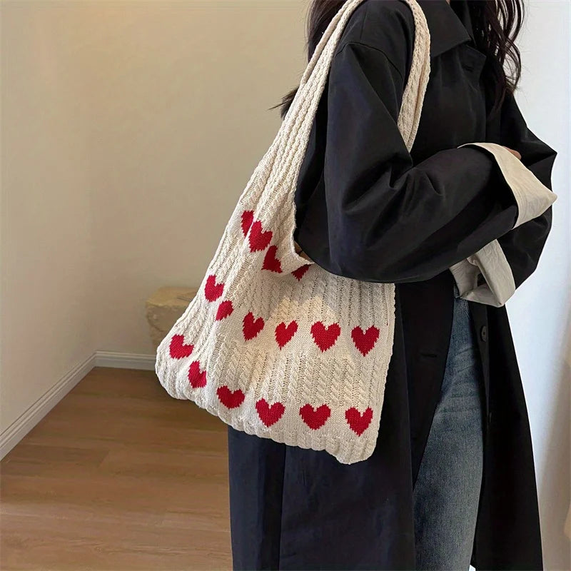 Love Heart Crochet Shoulder Bag | Knitted Woven Tote for Women Crochet Shoulder Bag QXL