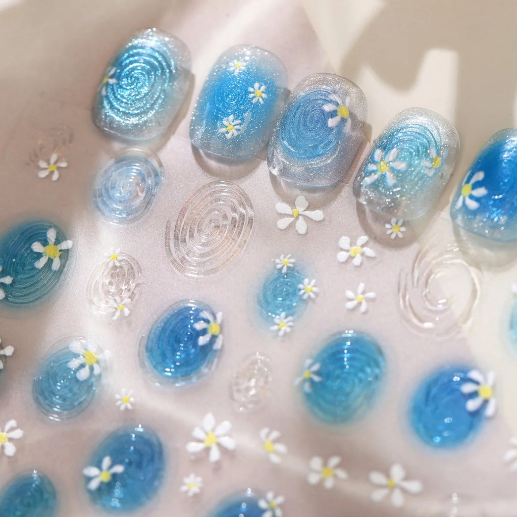 5D Summer Nail Stickers – Water Ripple & Daisy Beach Decals Nail Art Stickers QXL