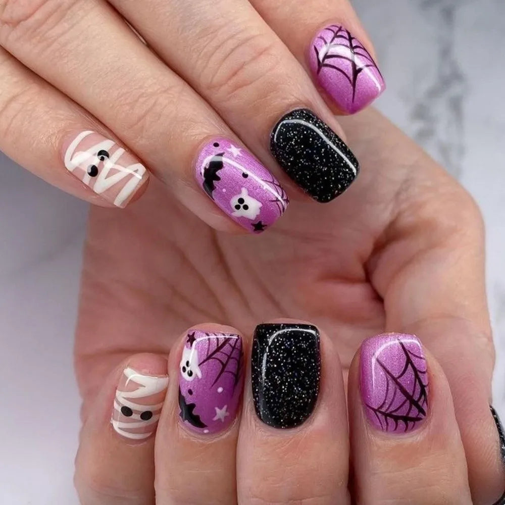 24-Pc Halloween Press-On Nails – Spider Web Bat Ghost Short Square Press-On Nail Set QXL