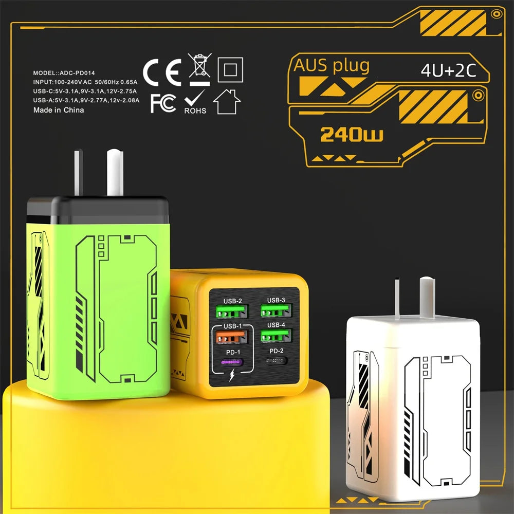 240W 6-Port USB-C Wall Charger PD3.0 QC3.0 | EU US UK USB Wall Charger QXL