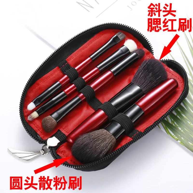 5-Piece Mini Wool Makeup Brush Set | Wooden Handle Beginner Kit Makeup Brush Set QXL