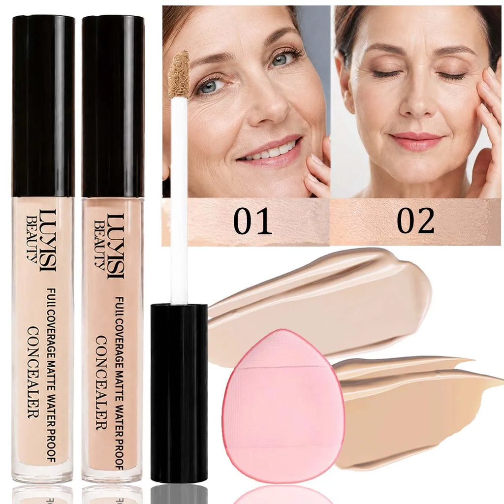 2-Pack Waterproof Matte Liquid Concealer + Puff | Full Coverage Liquid Concealer Set QXL 0102