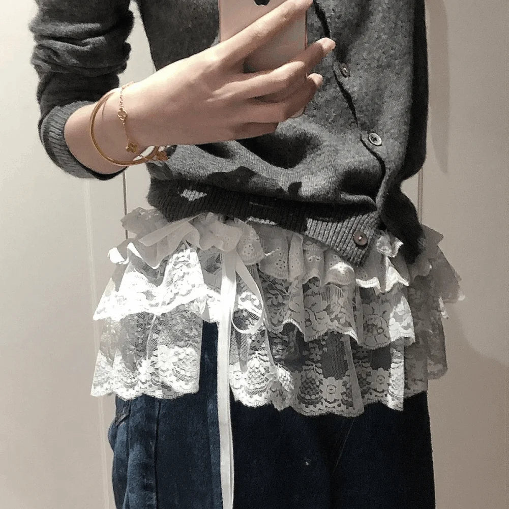 Y2K Lace Layered Skirt Belt | Ruffle Harajuku Streetwear Layered Skirt Belt QXL